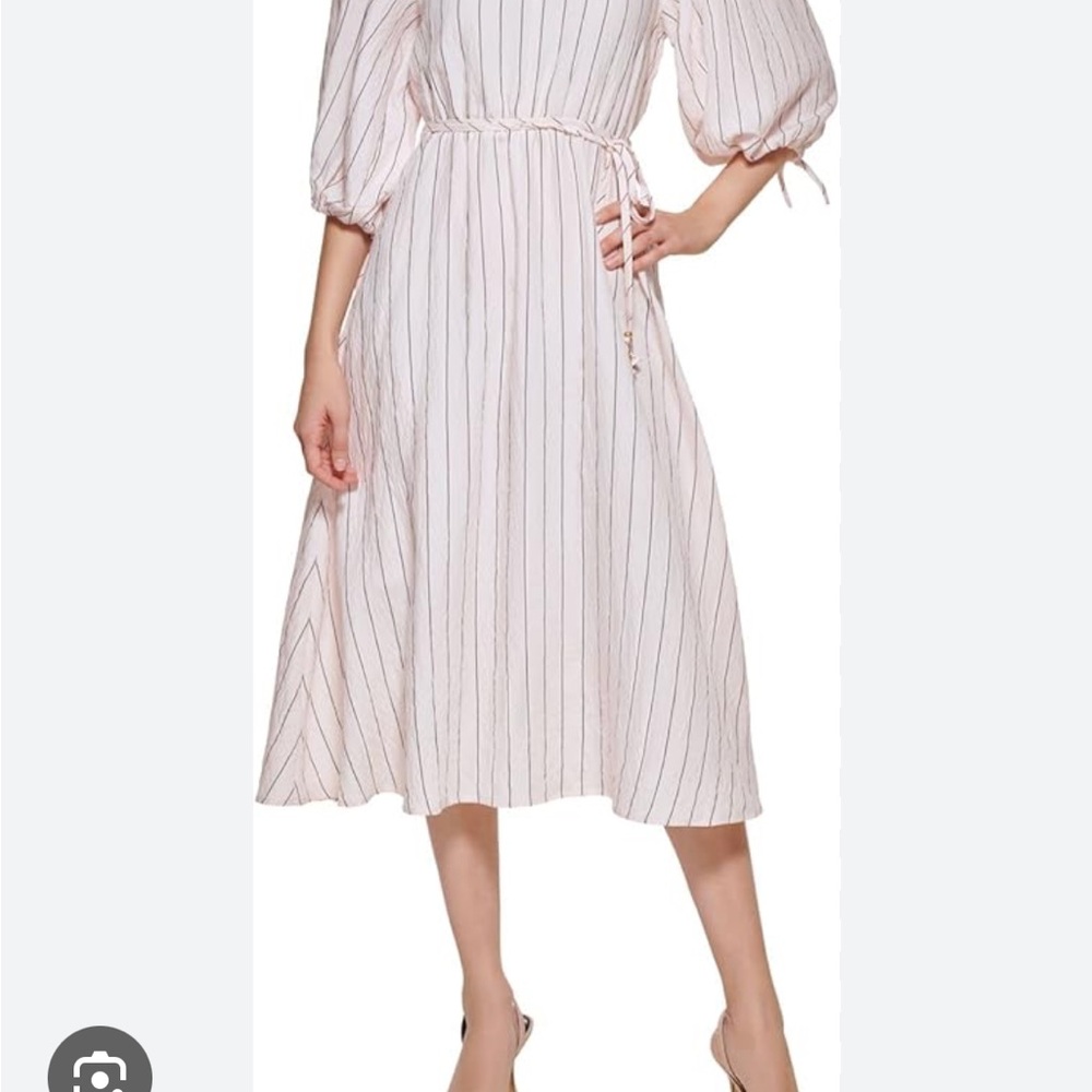 Calvin Klein Striped Calf Midi Dress, Pink/Black. Size 10.